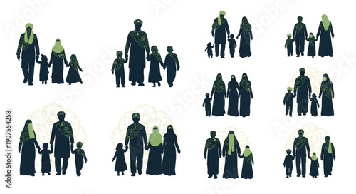 Diverse family groups in traditional clothing shown in silhouette.