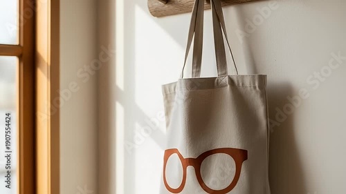 Canvas tote bag with glasses design hanging on wall near window.