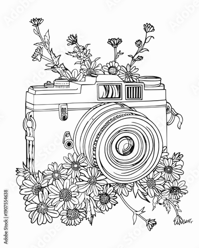Vintage camera covered in flowers and vines