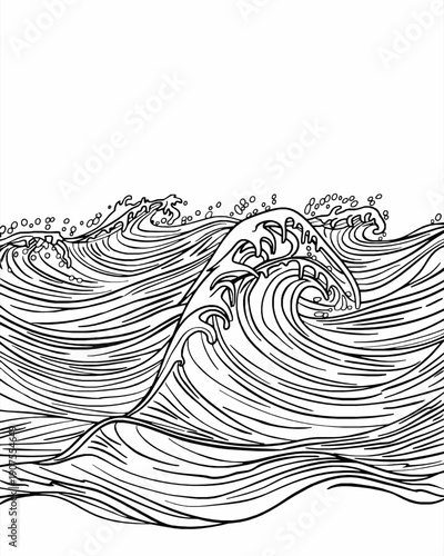 Ocean Waves Japanese Style Seascape Adult Coloring Page