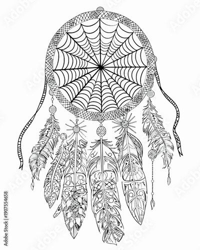 Native American Dreamcatcher with Feathers Coloring Page