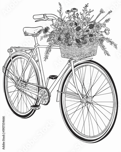 Floral Vintage Bicycle with Flower Basket Adult Coloring Page