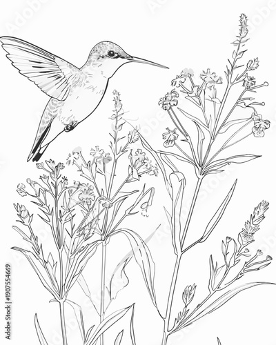 Graceful Hummingbird Hovering Over Flowers Coloring Page
