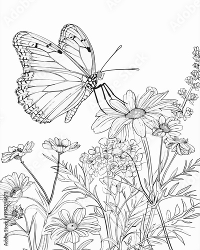Beautiful Butterfly Among Wildflowers Adult Coloring Page