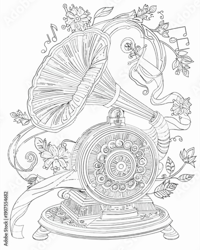 Vintage Gramophone Music Nostalgia Adult Coloring Page