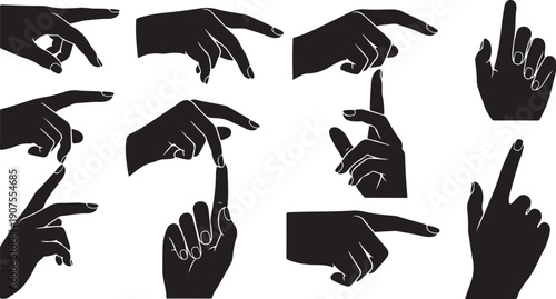 Collection of black hand silhouettes pointing directions and gestures