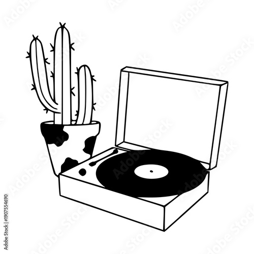 minimalist turntable and potted cactus outline drawing