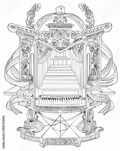 Grand ornate stage or organ with curtains and architectural details