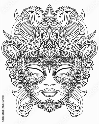 Intricate Venetian Masquerade Mask with Floral Mandala Adult Coloring Page