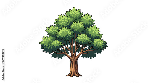 Pixel art illustration of a full deciduous tree with green foliage on a white background