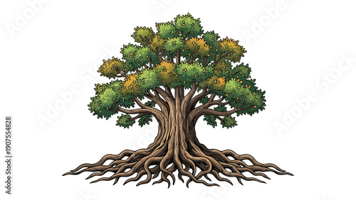 Pixel art illustration of a large ancientlooking tree with thick trunk and sprawling surface roots
