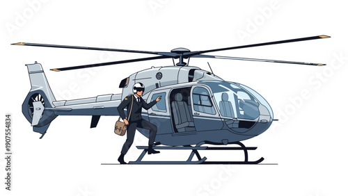 Pixel art illustration of a pilot boarding a light utility helicopter