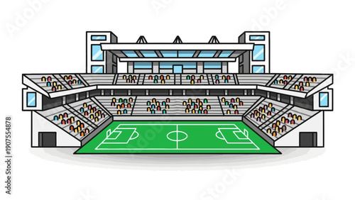 Pixel art illustration of a soccer stadium with spectators in the stands