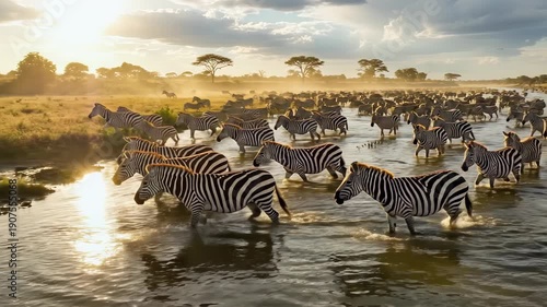 Wallpaper Mural Zebras Gathering at Waterhole in African Savannah During Sunset. Torontodigital.ca
