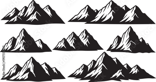 Mountain Range Silhouette Set in Black and White Colors