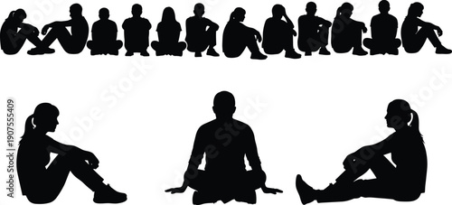 Collection of Detailed Black Silhouettes Featuring Children and Adults Sitting on the Ground in Various Relaxed Postures for Educational and Lifestyle Graphic Designs