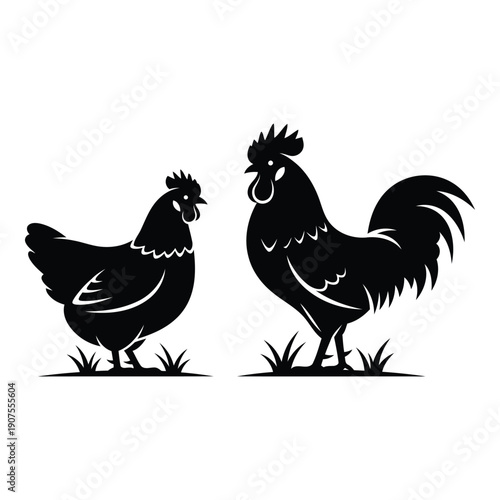 Silhouette of a rooster and hen standing in grass, representing farming, agriculture, poultry, and country life.