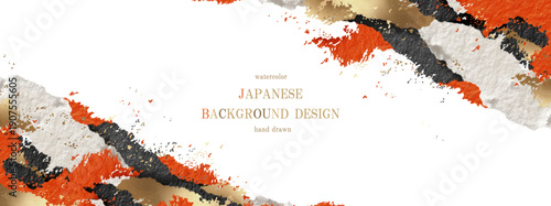 和風のちぎり絵背景。オレンジと黒の和紙テクスチャと金箔をあしらったモダンなフレーム。(ベクター、イラスト)