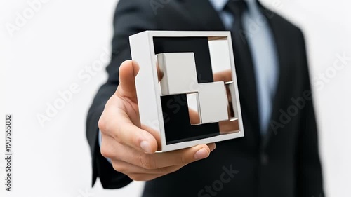 Businessman holding a modern cube with reflective surfaces.