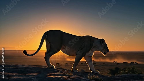 Majestic lioness standing on rocky outcrop at sunset