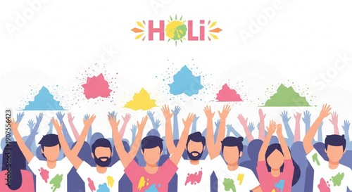 Holi festival celebration with colorful powder happy people dancing and throwing gulal vector illustration for festive backgr