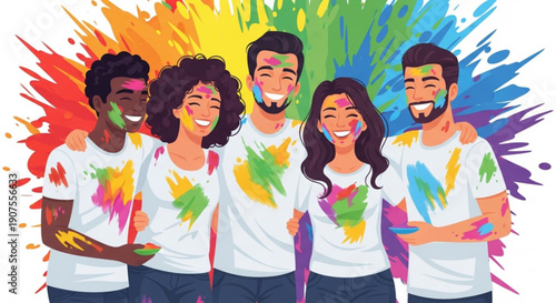 Diverse group of friends celebrating Holi festival with colored powder joyful people covered in paint vibrant celebration con