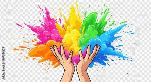 Hands releasing vibrant powder explosion colorful Holi festival celebration abstract background for design