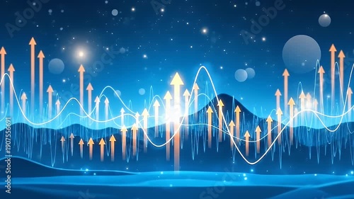 Abstract glowing financial charts and graphs with rising arrows in a futuristic digital landscape.