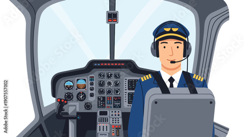 Pixel art of a smiling pilot in a cockpit with instrument panel