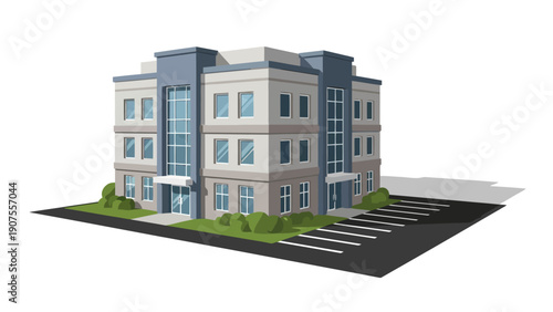 Pixelated isometric view of a threestory modern office building with blue glass