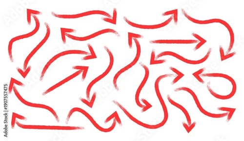 Red brush drawn curved arrows. Collection doodle marker thick arrows in different directions. Artistic scribbles, design elements set. Vector  illustration . 