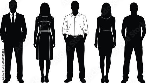 Collection of Five Detailed Black Silhouettes Featuring Men and Women in Formal Business Suits Elegant Dresses and Casual Apparel for Diverse Corporate Graphic Designs