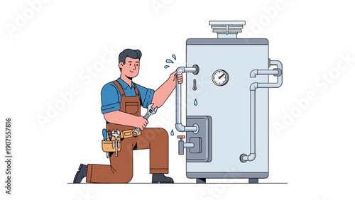 Plumber fixing a water heater with a wrench water dripping