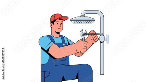 Plumber in blue overalls fixing a showerhead with a wrench