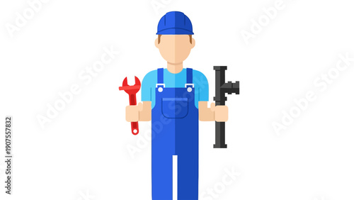 Plumber in blue overalls holding a wrench and black pipe fittings