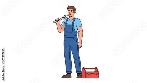 Plumber in blue overalls holding a large wrench next to a red toolbox