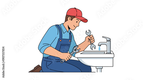 Plumber in blue overalls kneeling to fix a dripping sink faucet with wrenches