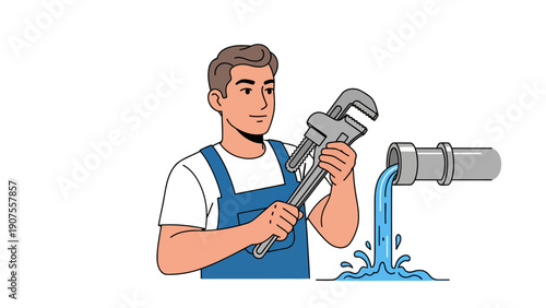 Plumber in blue overalls holds a pipe wrench near a leaking gray pipe