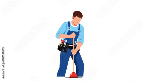 Plumber in blue overalls using a red cup plunger on a white background