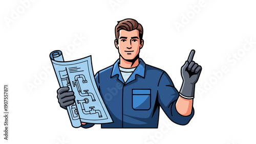 Plumber in blue uniform holds a rolled blueprint and points upward