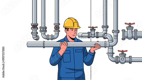 Plumber in hard hat inspects horizontal pipe amid vertical piping system