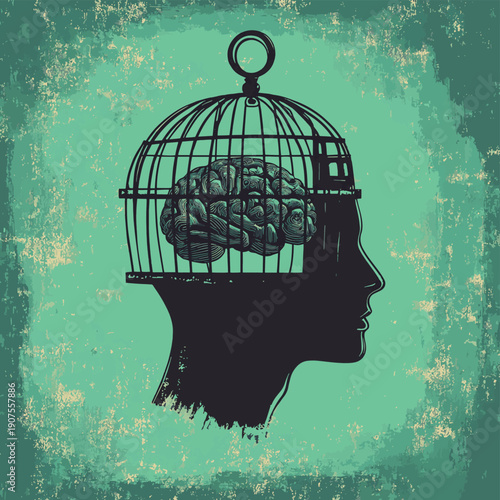 Human head with brain in cage concept, lock and key conceptual symbol as mindfulness, awareness and consciousness metaphor , vector style simple color