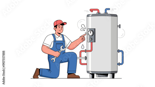 Plumber in overalls adjusts a dial on a large metal water heater tank