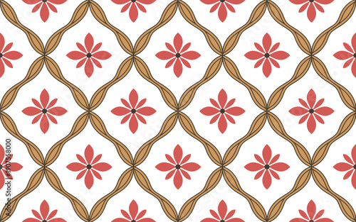 Seamless Pattern of Red Flowers within a Lattice of Golden Arches