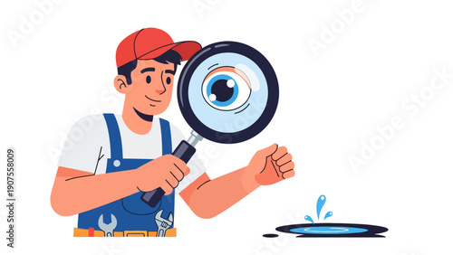 Plumber inspects a water puddle with a magnifying glass