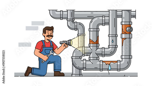 Plumber inspecting a complex system of leaky metal pipes with a flashlight