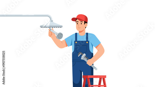 Plumber installing a shower head with a wrench and stool