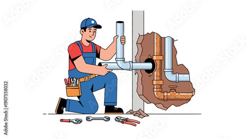 Plumber installing or repairing light blue plastic pipes inside a brown wall section