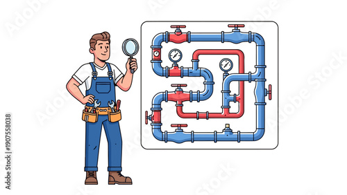 Plumber inspects complex red and blue pipe system with gauges