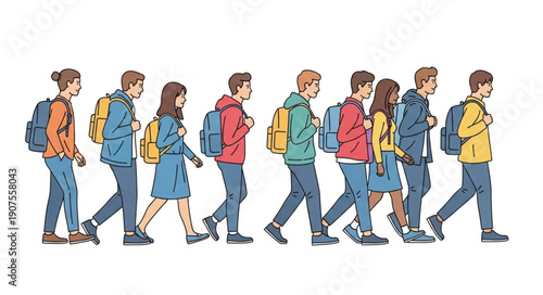 Diverse group of young people walking together with backpacks.